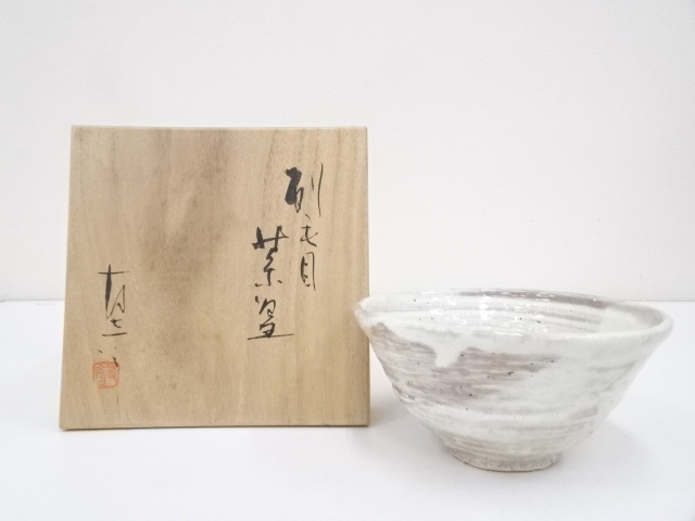 JAPANESE TEA CEREMONY / CHAWAN(TEA BOWL) / KYO WARE / BRUSH MARKS / ARTISAN WORK